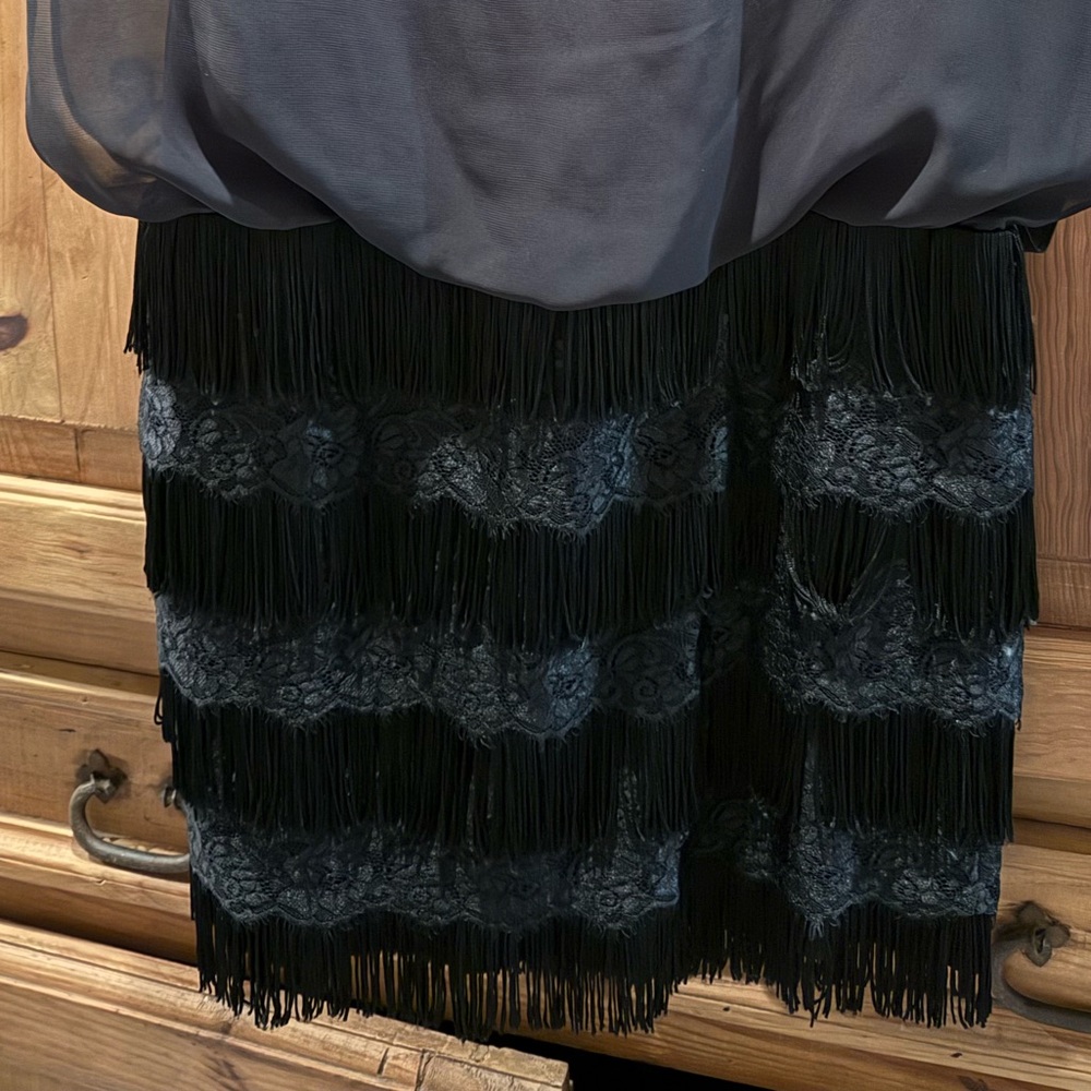 Aidan by Aidan Mattox Black Blouson Fringe Detail Keyhole Dress Size 8 US - Picture 8 of 12